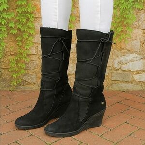 UGG Elsey Black Nubuck Suede Lace Up Wedge Heel Boots, 7